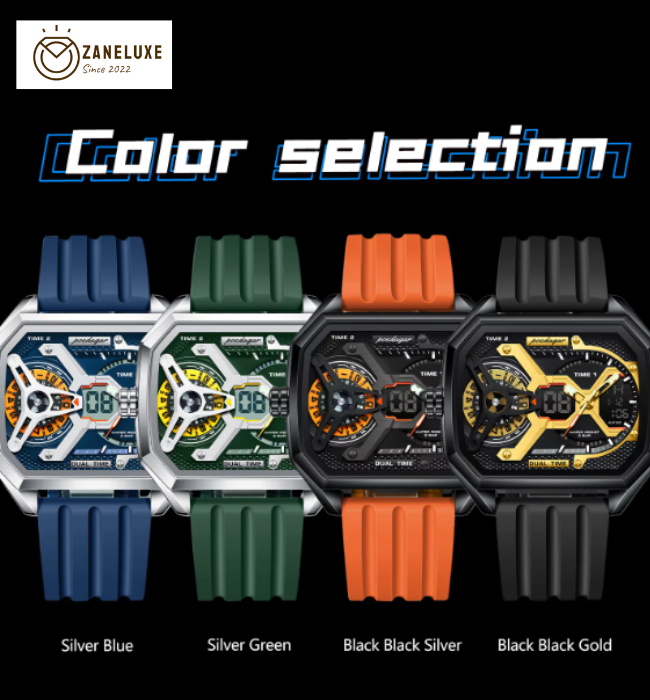 LumiLED - Rectangular Men’s Quartz Watch – Silicone Strap, LED Calendar & Week Display with Luminous Backlight