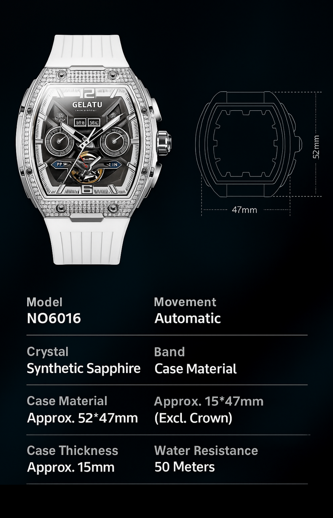 Gelatu 2025 Signature Series – Men's Large Dial Mechanical Watch with Luminous Accents & Diamond Detailing