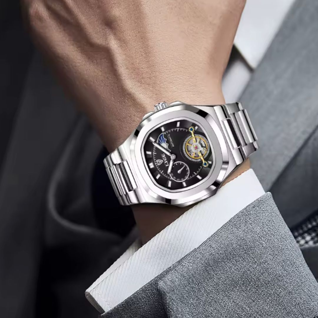 Sovereign Precision - Men's Dual-Tourbillon Mechanical Watch with 24-Hour Display, Luminous Dial & Waterproof Stainless Steel Build