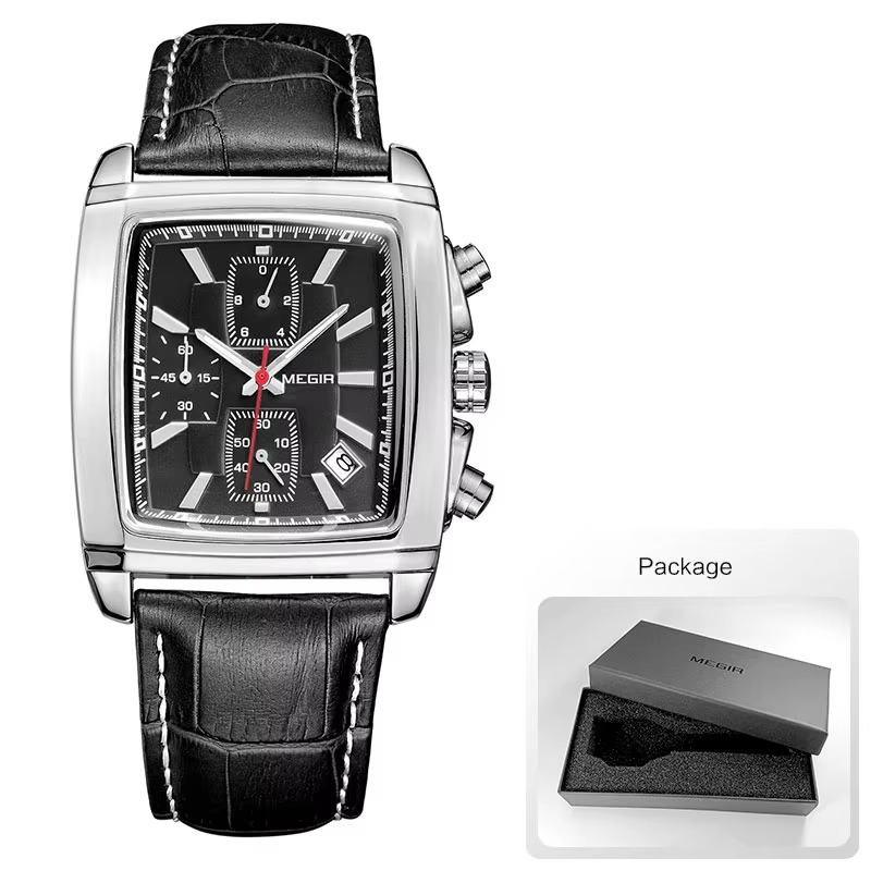 Megir Rectangle Dial Leather Strap Watch for Men