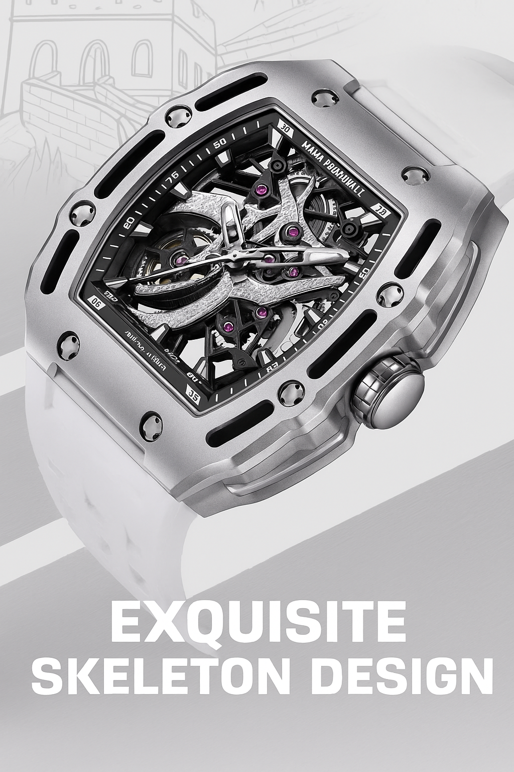 Mark Fairwhale Great Wall Edition – Men's Skeleton Automatic Watch with Architectural Detailing