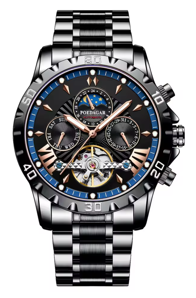 ZaneLuxe luxury men's chronograph watch with black and silver dial and stainless steel band