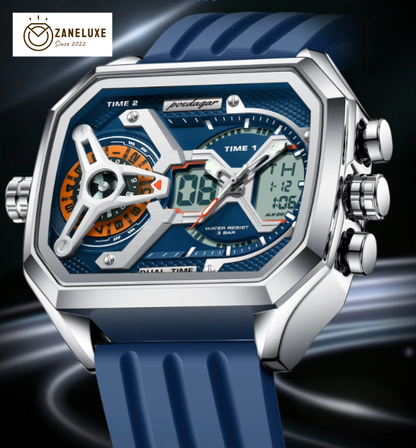 LumiLED - Rectangular Men’s Quartz Watch – Silicone Strap, LED Calendar & Week Display with Luminous Backlight