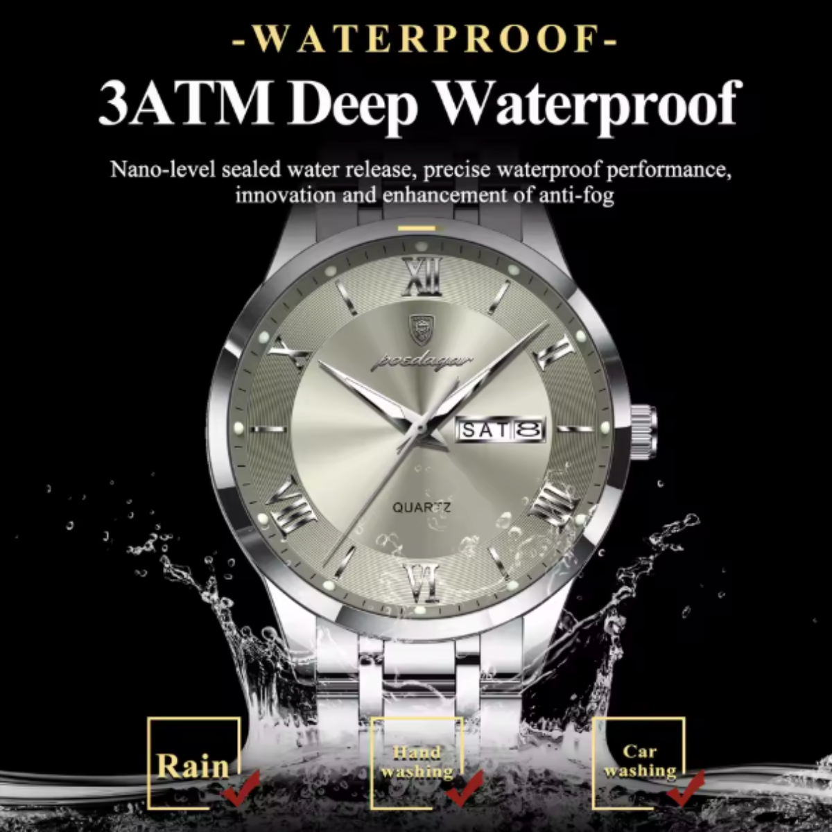 AstraChron – Men’s Stainless-Steel Quartz Sports Watch, 3 ATM Waterproof, Luminous Hands & Week/Date Display