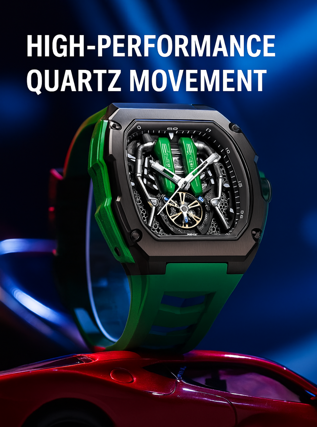 Supercar-Inspired Men's Quartz Watch – 3D Engine Design, Luminous, Waterproof, Multi-Function, High-End Style