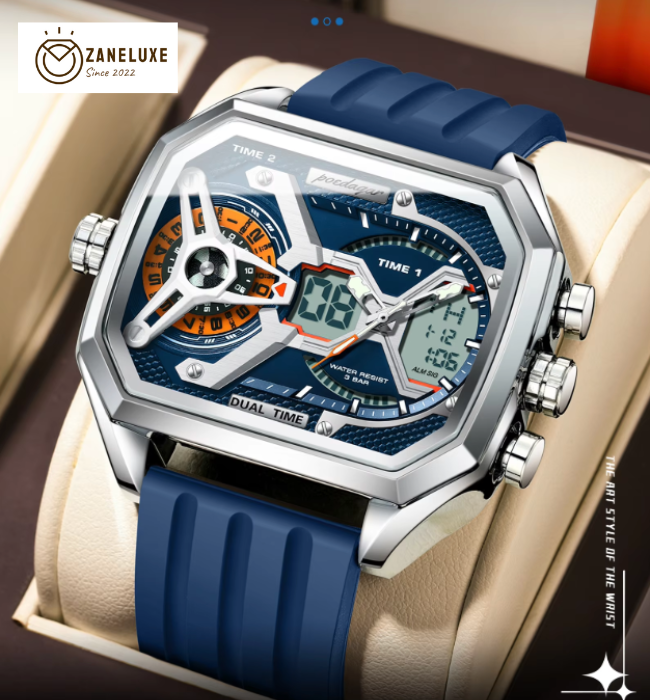 LumiLED - Rectangular Men’s Quartz Watch – Silicone Strap, LED Calendar & Week Display with Luminous Backlight