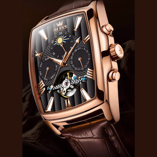Olys Swiss-Certified Rectangular Skeleton Watch – Men's Automatic Timepiece, Genuine Brand