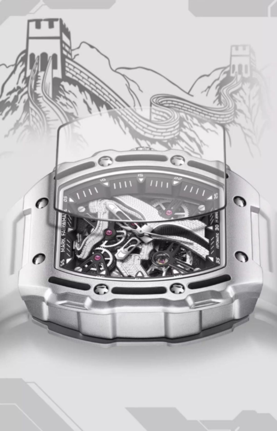 Mark Fairwhale Great Wall Edition – Men's Skeleton Automatic Watch with Architectural Detailing