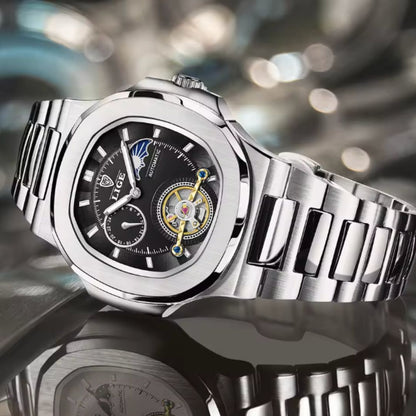 Sovereign Precision - Men's Dual-Tourbillon Mechanical Watch with 24-Hour Display, Luminous Dial & Waterproof Stainless Steel Build