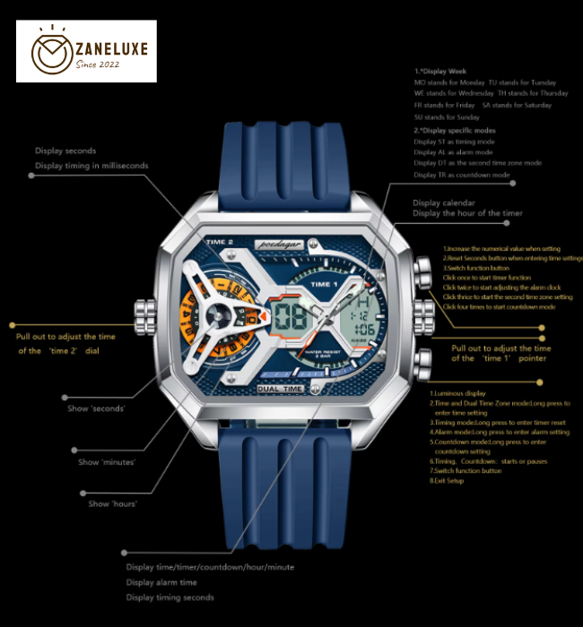 LumiLED - Rectangular Men’s Quartz Watch – Silicone Strap, LED Calendar & Week Display with Luminous Backlight