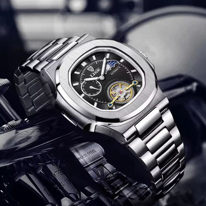 Sovereign Precision - Men's Dual-Tourbillon Mechanical Watch with 24-Hour Display, Luminous Dial & Waterproof Stainless Steel Build