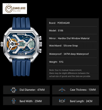 LumiLED - Rectangular Men’s Quartz Watch – Silicone Strap, LED Calendar & Week Display with Luminous Backlight