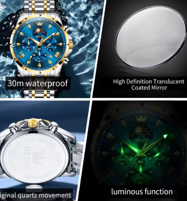 Moonphase Chrono Pro 7-Series - Moonphase Chronograph Quartz Watch for Men – Stainless Steel, Multifunction & Waterproof