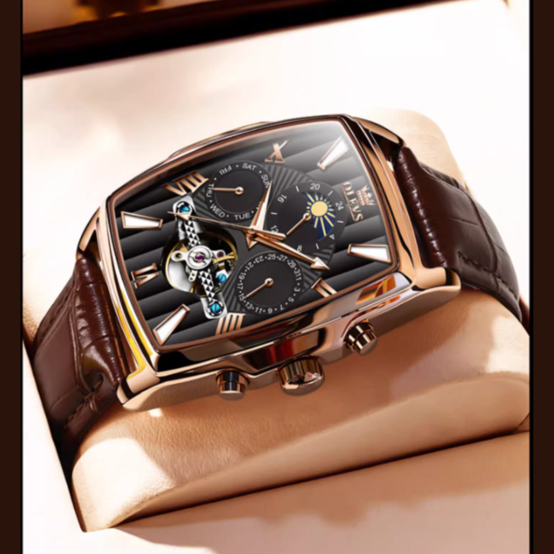 Olys Swiss-Certified Rectangular Skeleton Watch – Men's Automatic Timepiece, Genuine Brand