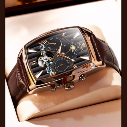 Olys Swiss-Certified Rectangular Skeleton Watch – Men's Automatic Timepiece, Genuine Brand