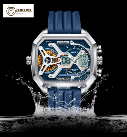 LumiLED - Rectangular Men’s Quartz Watch – Silicone Strap, LED Calendar & Week Display with Luminous Backlight