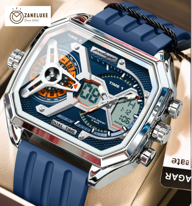 LumiLED - Rectangular Men’s Quartz Watch – Silicone Strap, LED Calendar & Week Display with Luminous Backlight