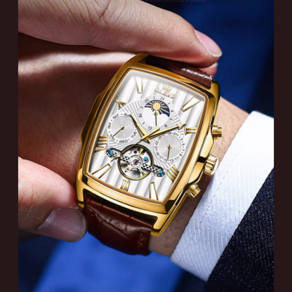 Olys Swiss-Certified Rectangular Skeleton Watch – Men's Automatic Timepiece, Genuine Brand