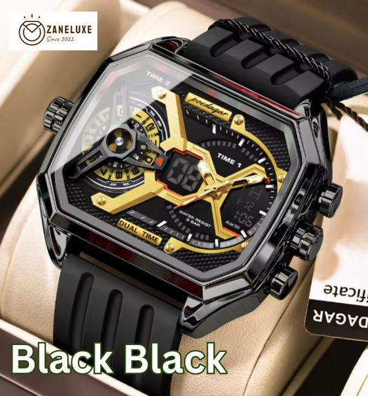 LumiLED - Rectangular Men’s Quartz Watch – Silicone Strap, LED Calendar & Week Display with Luminous Backlight