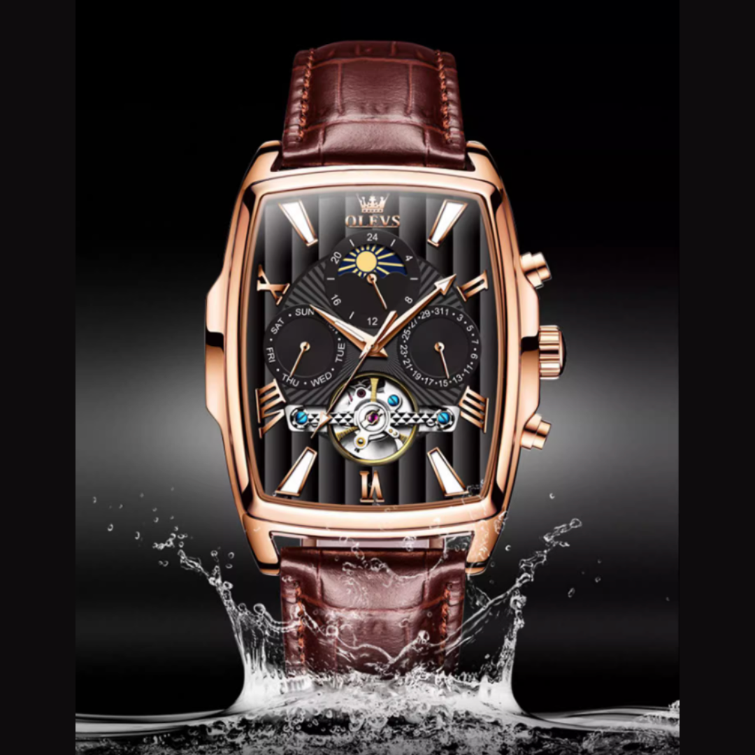 Olys Swiss-Certified Rectangular Skeleton Watch – Men's Automatic Timepiece, Genuine Brand