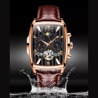 Olys Swiss-Certified Rectangular Skeleton Watch – Men's Automatic Timepiece, Genuine Brand