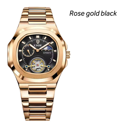 Sovereign Precision - Men's Dual-Tourbillon Mechanical Watch with 24-Hour Display, Luminous Dial & Waterproof Stainless Steel Build