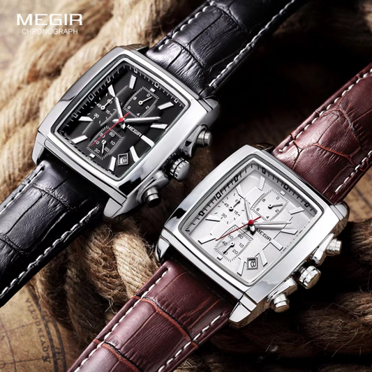 Megir Rectangle Dial Leather Strap Watch for Men