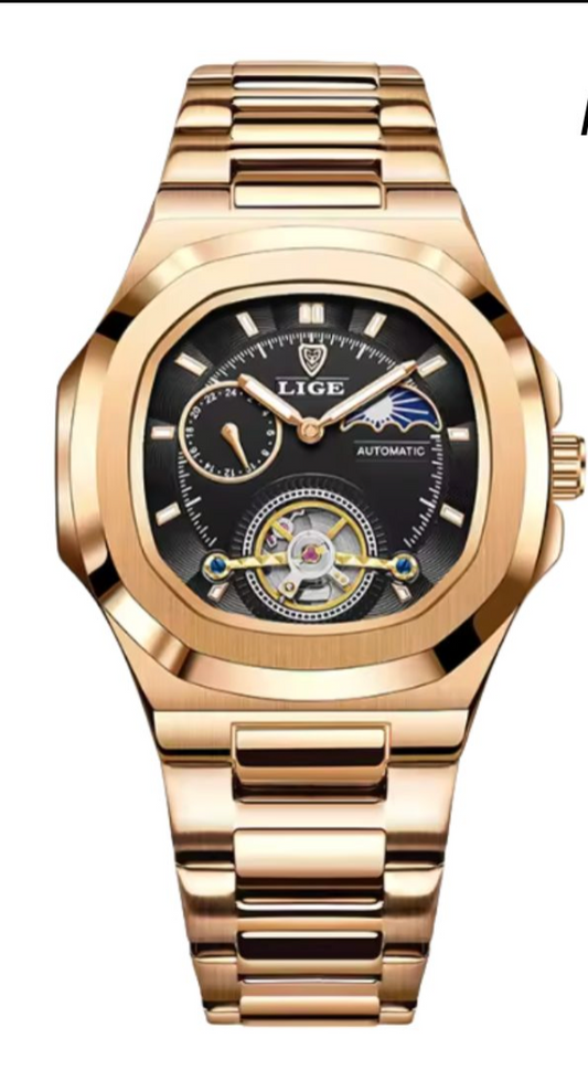 Sovereign Precision - Men's Dual-Tourbillon Mechanical Watch with 24-Hour Display, Luminous Dial & Waterproof Stainless Steel Build