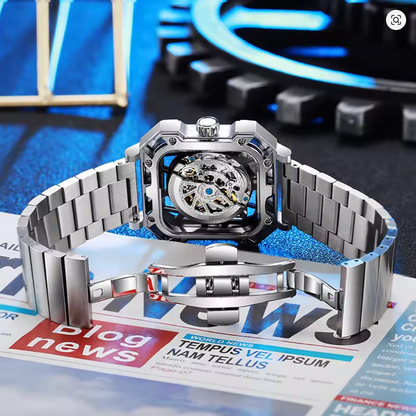 The Stratos - Square Skeleton Automatic Mechanical Watch, Stainless Steel Strap Men's Watches