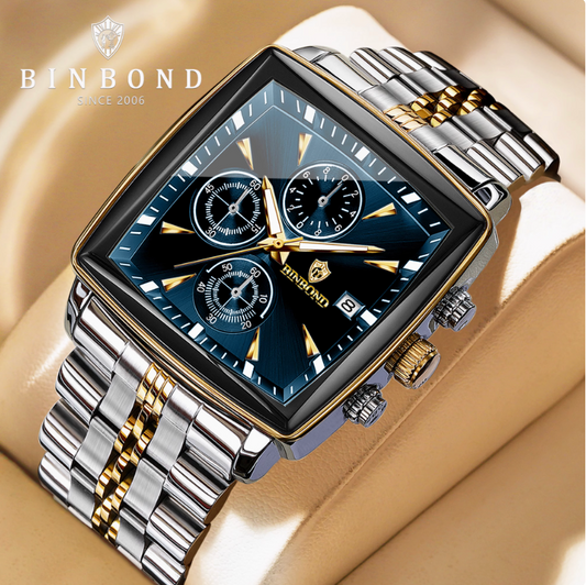 ZaneLuxe high-end modern watches for men with square blue dial and silver gold metal band