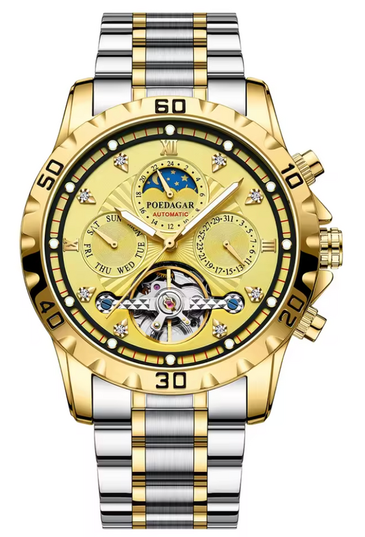 ZaneLuxe luxury men's chronograph watch with gold and silver stainless steel band and detailed dial
