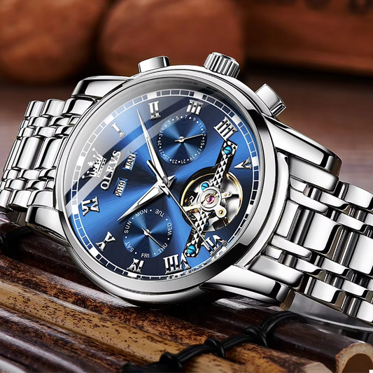 ZaneLuxe men's silver stainless steel watch with blue dial and Roman numeral markers