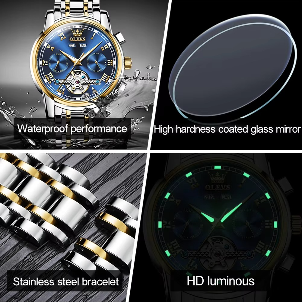 OLEVS men's stainless steel wristwatch with waterproof performance and HD luminous blue dial