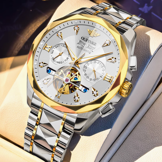 ZaneLuxe men's automatic watch with gold and silver stainless steel band and multi-function dial